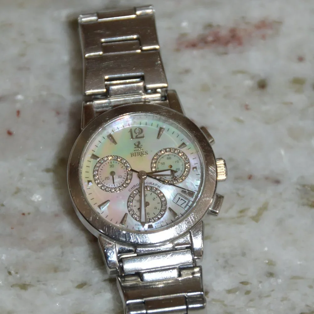 RARE VINTAGE ESTATE MAYORS BIRKS DIAMOND WHITE MOP CHRONOGRAPH SILVER BAND WATCH